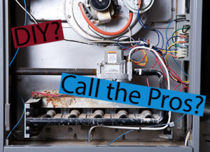 Belmar heating repair, inside of a furnace with 2 word banners reading "DIY?" and "Call the Pros?"