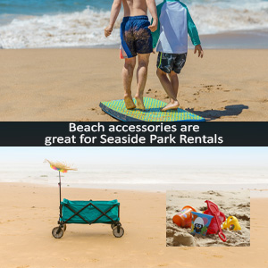 "Beach accessories are great for Seaside Park Rentals" in white font on a black bar with children standing on boogie board, a beach cart, and beach toys