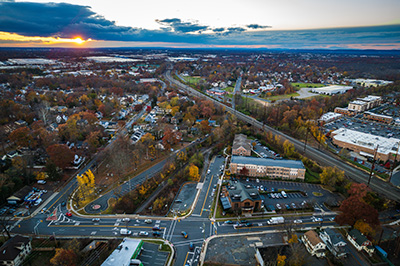 Drone shot of the town and homes for sale in Metuchen NJ